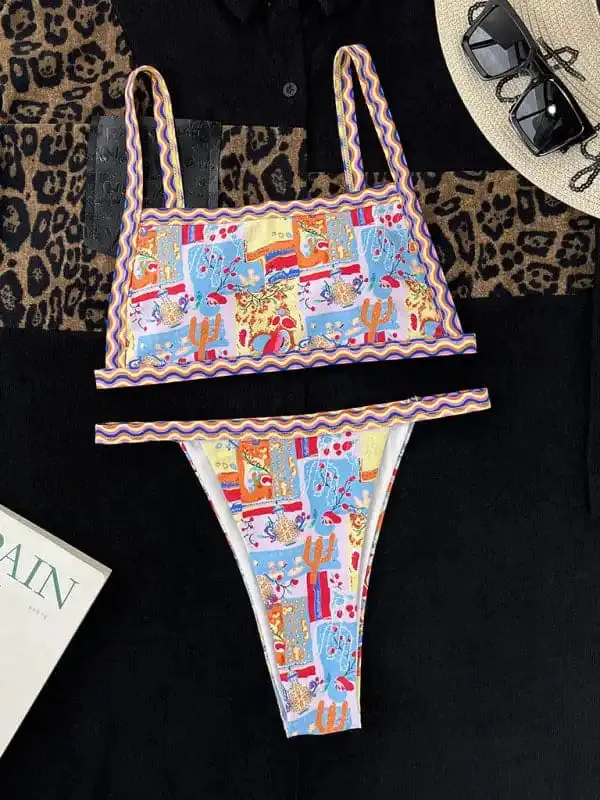 Women’s one-piece swimsuit bandeau style colorful ethnic print sexy bikini