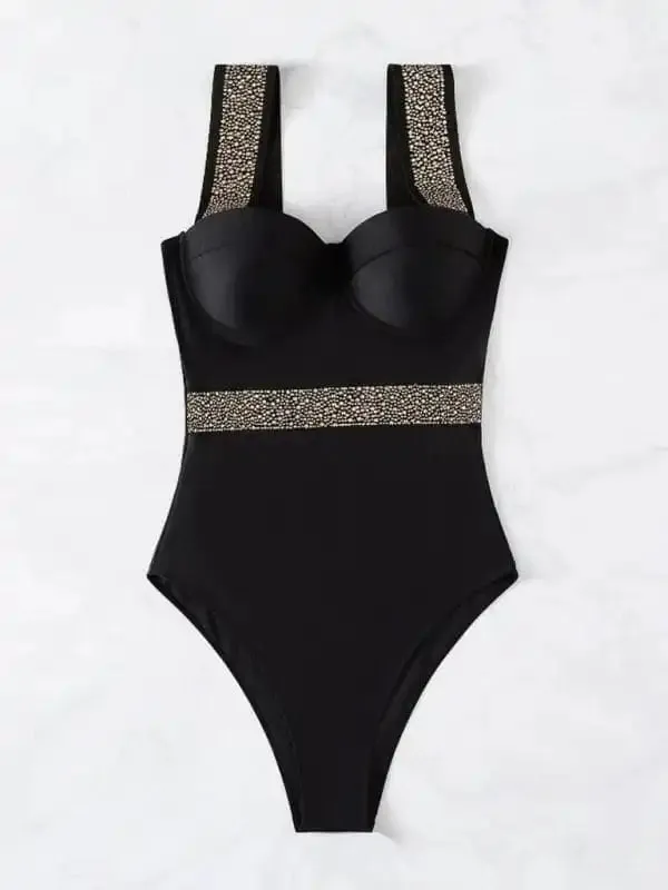 Women’s rivet decor push-up one-piece swimwear
