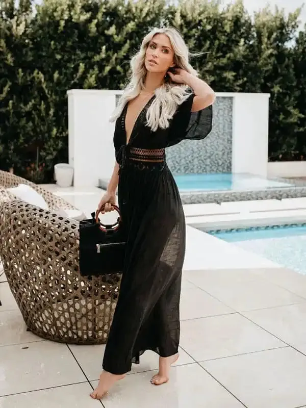 Women’s Solid Color Embroidered Lace Maxi Beach Cover-Up Dress