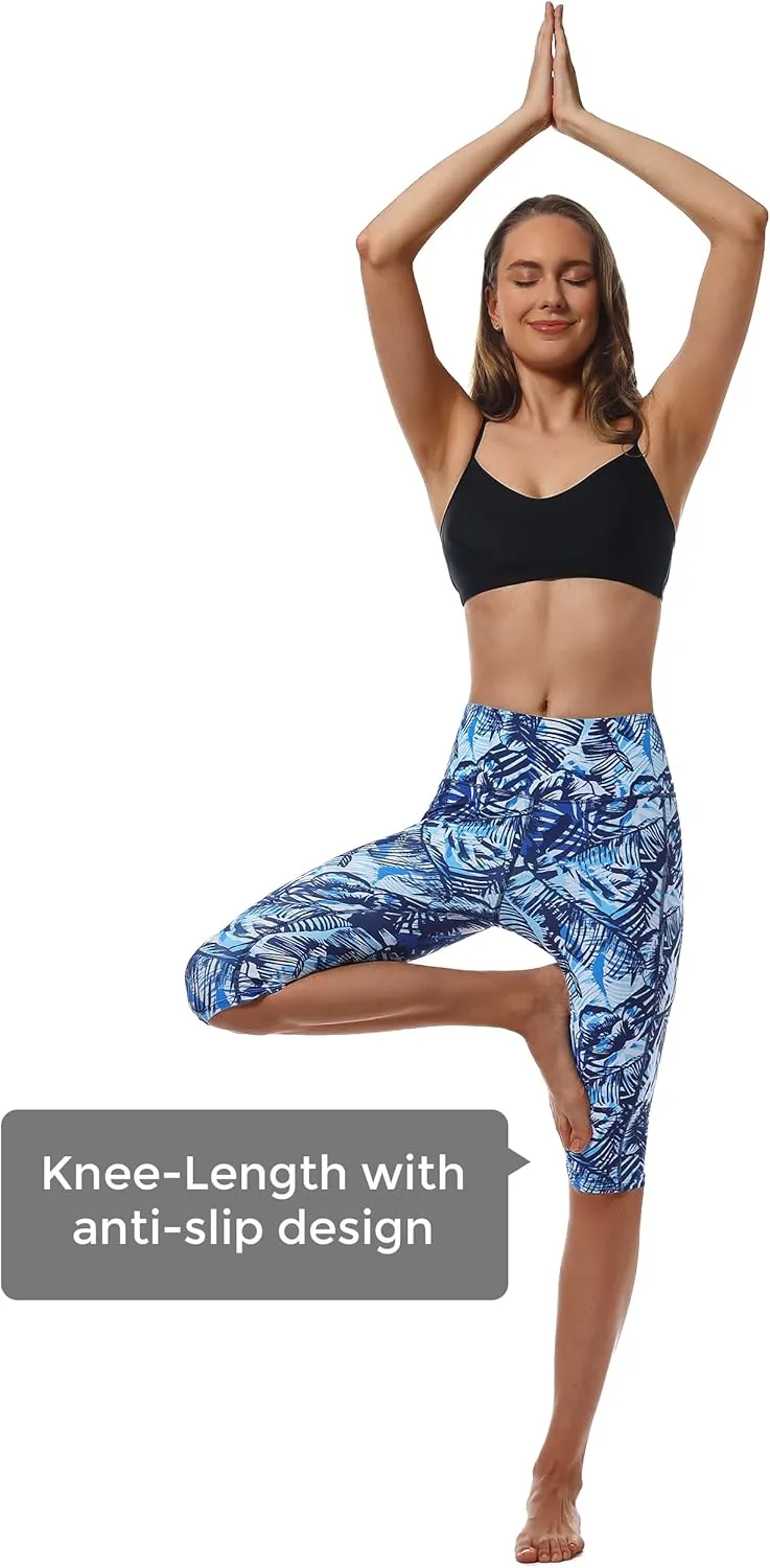 Womens UPF50  Swim Capris High Waisted Swim Pants Tummy Control Knee Length Long Swim Shorts with Pockets Quick Dry