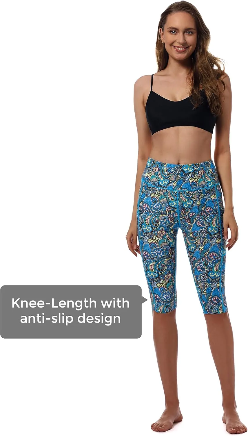 Womens UPF50  Swim Capris High Waisted Swim Pants Tummy Control Knee Length Long Swim Shorts with Pockets Quick Dry