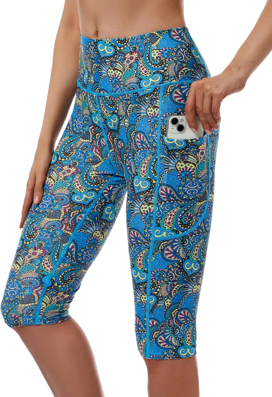 Womens UPF50  Swim Capris High Waisted Swim Pants Tummy Control Knee Length Long Swim Shorts with Pockets Quick Dry