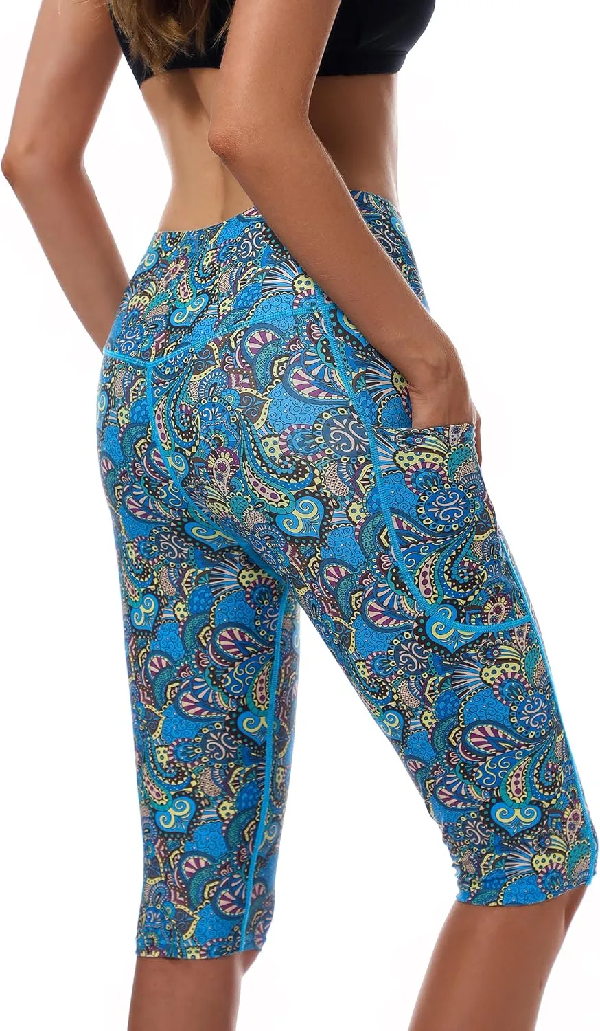Womens UPF50  Swim Capris High Waisted Swim Pants Tummy Control Knee Length Long Swim Shorts with Pockets Quick Dry