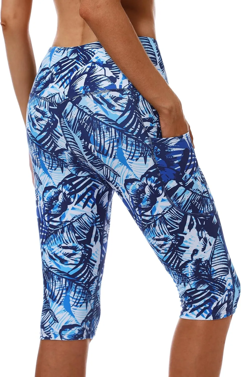 Womens UPF50  Swim Capris High Waisted Swim Pants Tummy Control Knee Length Long Swim Shorts with Pockets Quick Dry