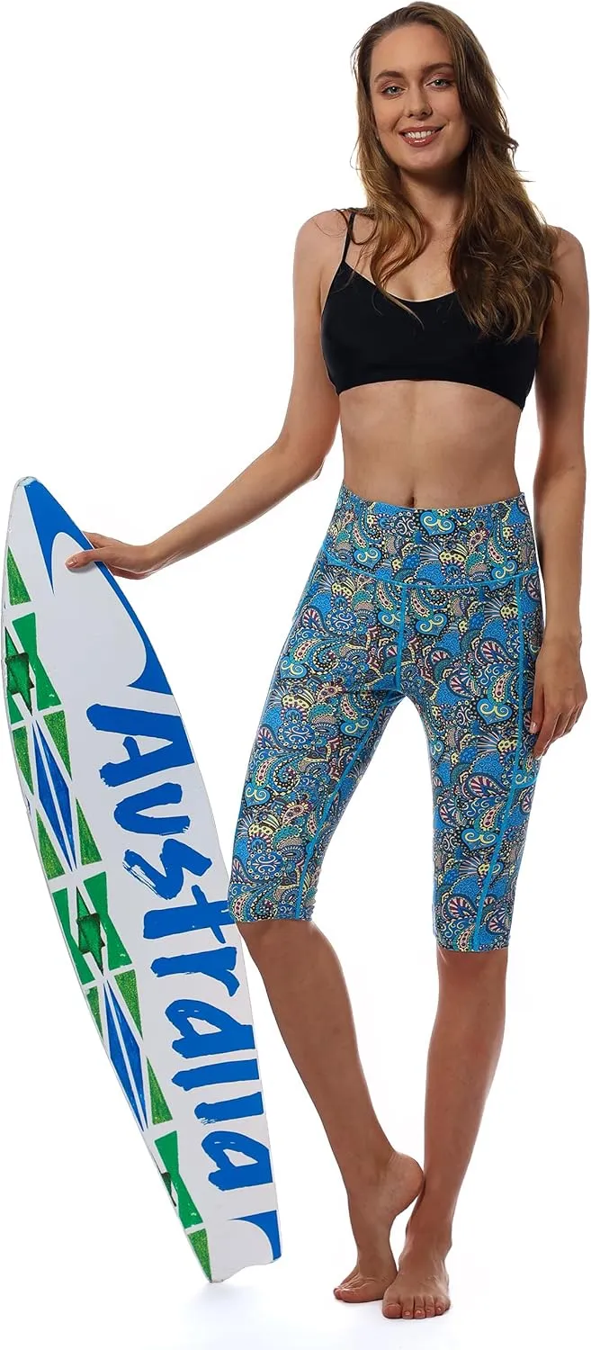 Womens UPF50  Swim Capris High Waisted Swim Pants Tummy Control Knee Length Long Swim Shorts with Pockets Quick Dry