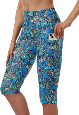 Womens UPF50  Swim Capris High Waisted Swim Pants Tummy Control Knee Length Long Swim Shorts with Pockets Quick Dry