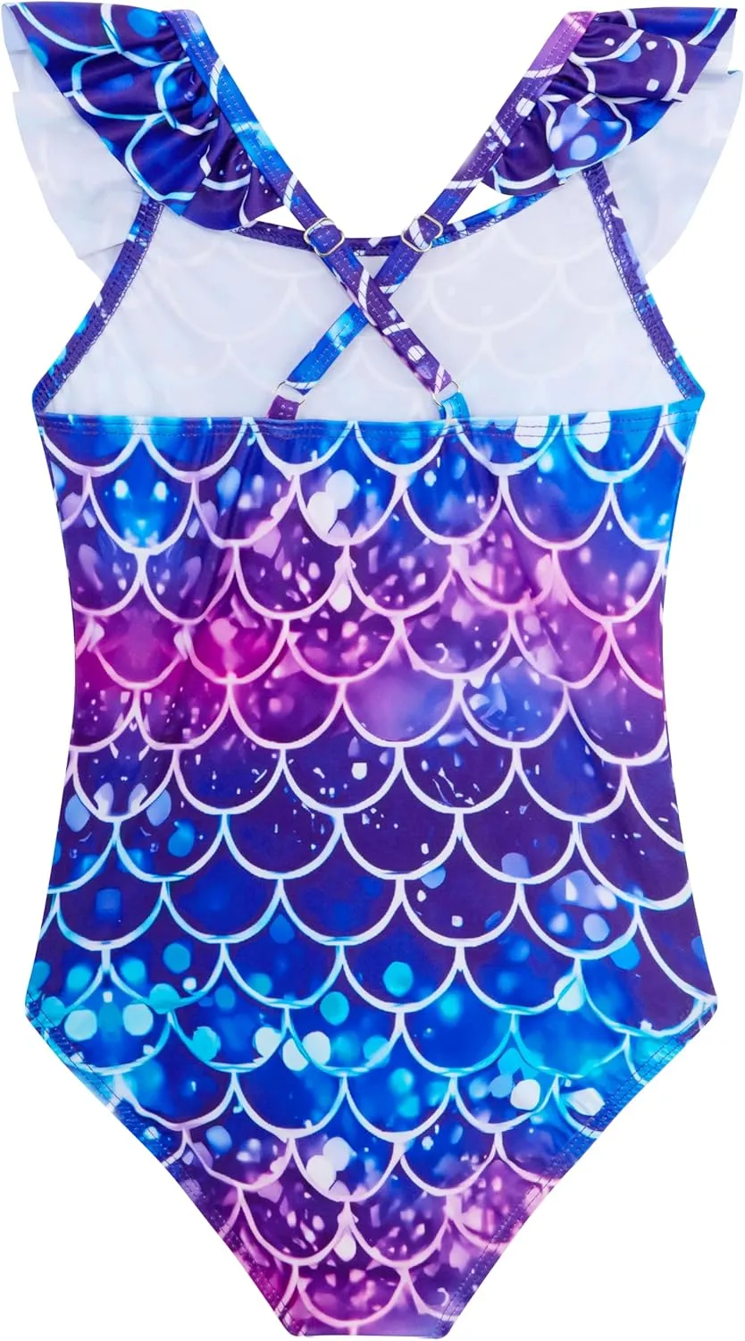 XiaoMoSha Girls Swimsuits Ruffled Round Neck One Piece Bathing Suits Quick Dry UPF 50  Summer Hawaii Swimwear for Kids 3-10T