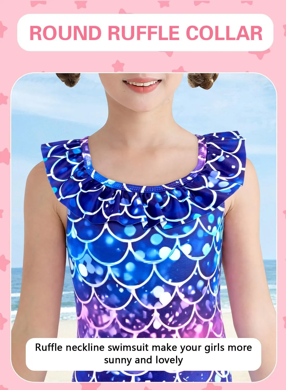 XiaoMoSha Girls Swimsuits Ruffled Round Neck One Piece Bathing Suits Quick Dry UPF 50  Summer Hawaii Swimwear for Kids 3-10T