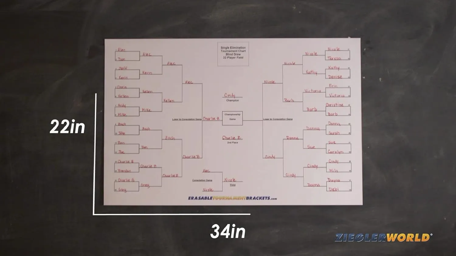 Zieglerworld Single Elimination Blind Draw Tournament Bracket Chart | Reusable 22 x 34 with Pen | Available in 6 Different Configurations (16 Team/Player)